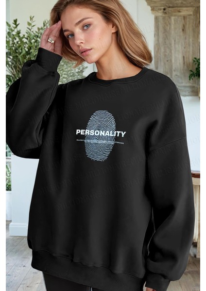Kadın Siyah Personality Baskılı 0 Sıfır Yaka Oversize Salaş Bol Kesim Polar Sweatshirt fiyatları