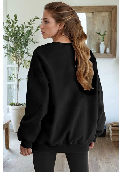 Kadın Siyah Personality Baskılı 0 Sıfır Yaka Oversize Salaş Bol Kesim Polar Sweatshirt modelleri