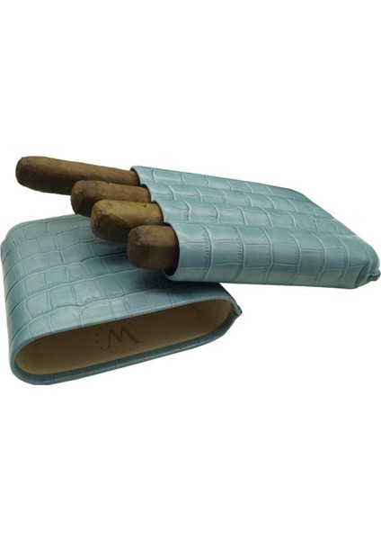 Gerçek Deri El Yapımı Puro Kılıfı Dörtlü (60 Ring) Croco Aguamarina fiyatları