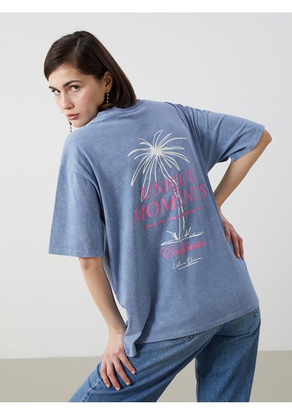 Yeni Sezon Bisiklet Yaka Baskili Oversize Kadin Tisort - S5DJ08Z8
