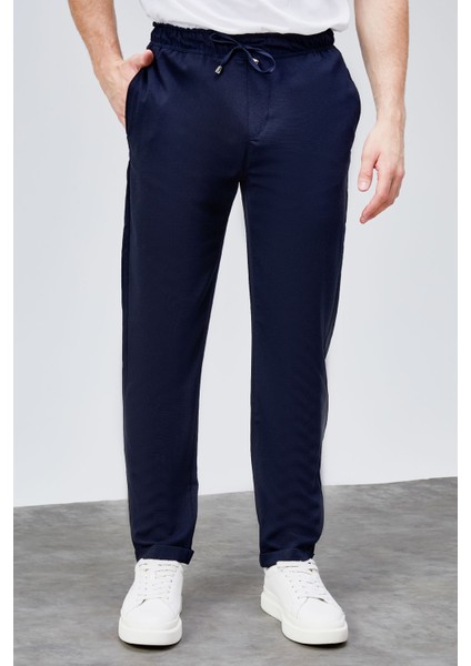 Erkek Lacivert Relaxed Fit Yandan Cepli Beli Lastikli Bağcıklı Duble Paça Jogger Pantolon BOLT-1997