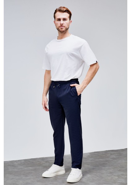 Erkek Lacivert Relaxed Fit Yandan Cepli Beli Lastikli Bağcıklı Duble Paça Jogger Pantolon BOLT-1997