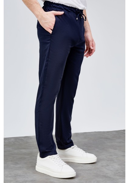 Erkek Lacivert Relaxed Fit Yandan Cepli Beli Lastikli Bağcıklı Duble Paça Jogger Pantolon BOLT-1997