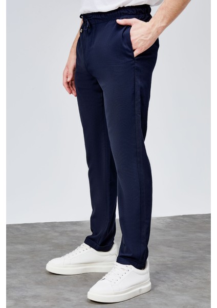 Erkek Lacivert Relaxed Fit Yandan Cepli Beli Lastikli Bağcıklı Duble Paça Jogger Pantolon BOLT-1997