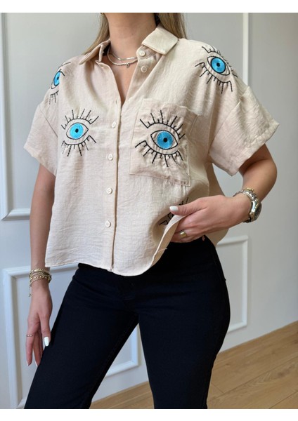 Bej Göz Nakışlı Gömlek