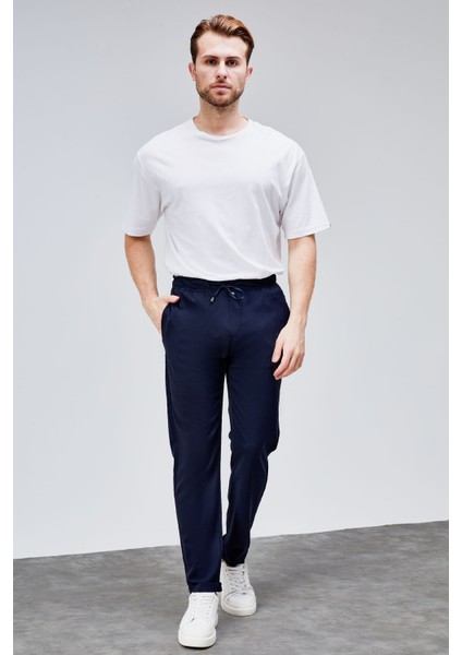 Erkek Lacivert Relaxed Fit Yandan Cepli Beli Lastikli Bağcıklı Duble Paça Jogger Pantolon BOLT-1997