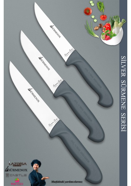 Sürmene Silver Serisi Gri Sap Mutfak Bıçak Seti Et Ekmek Sebze Bıçağı 3 Lü Set ( Srm-04)