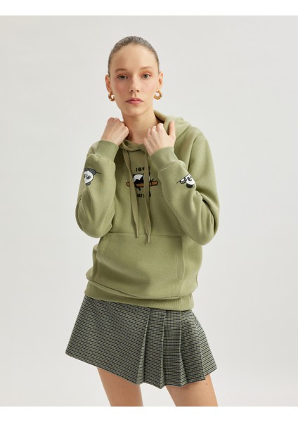 Yeni Sezon Panda Baskılı Kapüşonlu Kanguru Cepli Şardonlu Oversize Sweatshirt