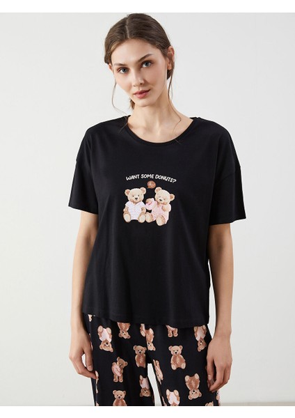 Yeni Sezon Bisiklet Yaka Ayi Teddy Baskili Kadin Kaprili Pijama Takimi - S5GT24Z8