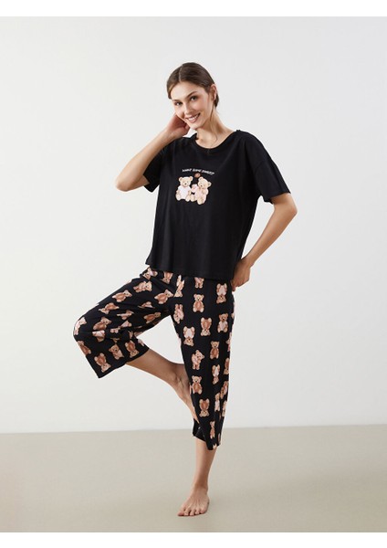 Yeni Sezon Bisiklet Yaka Ayi Teddy Baskili Kadin Kaprili Pijama Takimi - S5GT24Z8