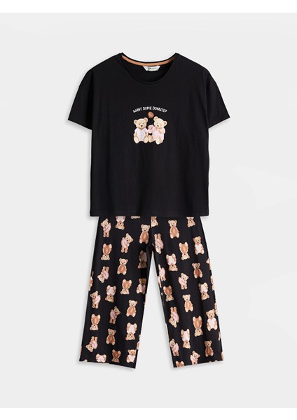Yeni Sezon Bisiklet Yaka Ayi Teddy Baskili Kadin Kaprili Pijama Takimi - S5GT24Z8