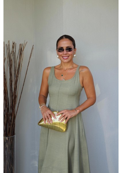 Haki Parçalı Maxi Boy Elbise