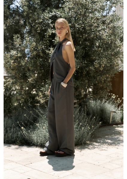 Prasetsah Bağlamalı Antrasit Crop Pantolon Takım