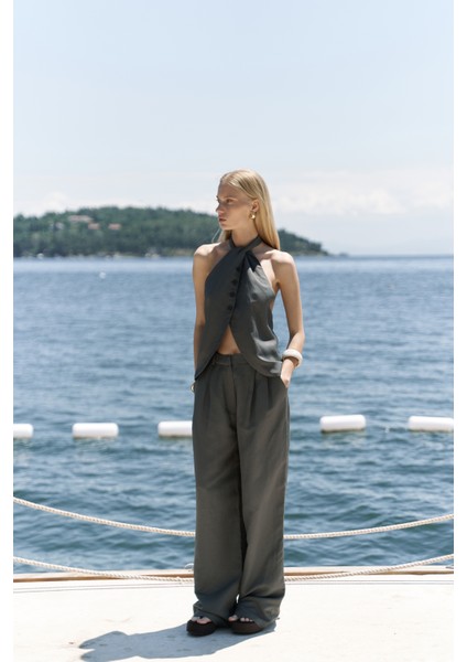 Prasetsah Bağlamalı Antrasit Crop Pantolon Takım modelleri