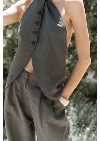 Prasetsah Bağlamalı Antrasit Crop Pantolon Takım indirimleri