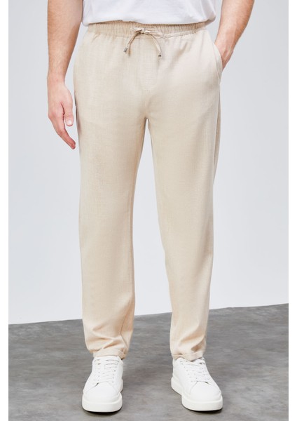 Erkek Bej Relaxed Fit Yandan Cepli Beli Lastikli Bağcıklı Duble Paça Jogger Pantolon BOLT-1999