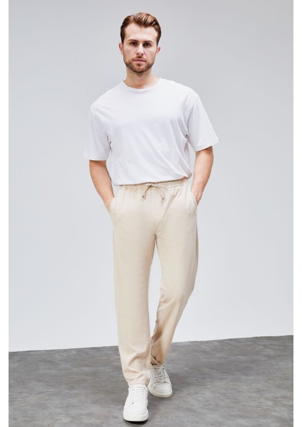 Erkek Bej Relaxed Fit Yandan Cepli Beli Lastikli Bağcıklı Duble Paça Jogger Pantolon BOLT-1999