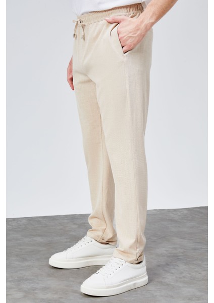Erkek Bej Relaxed Fit Yandan Cepli Beli Lastikli Bağcıklı Duble Paça Jogger Pantolon BOLT-1999