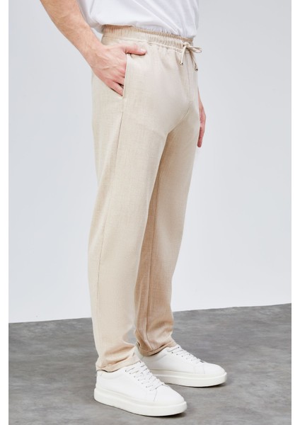 Erkek Bej Relaxed Fit Yandan Cepli Beli Lastikli Bağcıklı Duble Paça Jogger Pantolon BOLT-1999