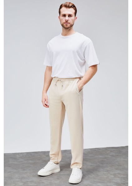 Erkek Bej Relaxed Fit Yandan Cepli Beli Lastikli Bağcıklı Duble Paça Jogger Pantolon BOLT-1999
