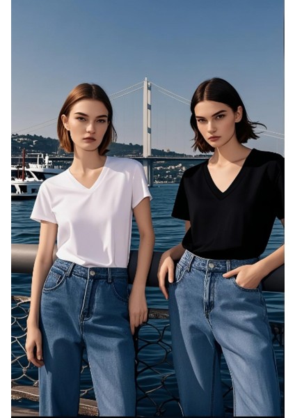 2li Siyah Beyaz Renk Kadın V Yaka T-Shirt Günlük Rahat Tişört