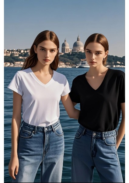 2li Siyah Beyaz Renk Kadın V Yaka T-Shirt Günlük Rahat Tişört fiyatları