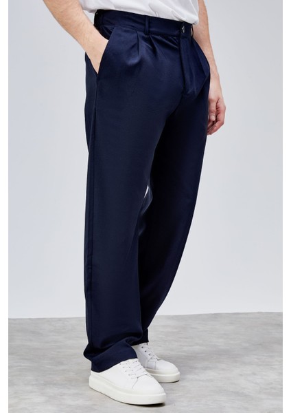 Erkek Lacivert Çift Pileli Rahat Kesim Beli Lastikli Bol Paça Baggy Pantolon ALBERT-1989 modelleri