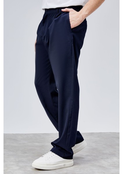Erkek Lacivert Çift Pileli Rahat Kesim Beli Lastikli Bol Paça Baggy Pantolon ALBERT-1989 fırsatları