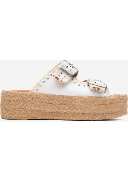 Kadın Hasır Kalın Taban Çift Bantlı Terlik Gerçek Deri Zy 8090 Beyaz