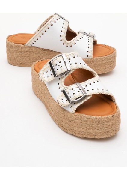 Kadın Hasır Kalın Taban Çift Bantlı Terlik Gerçek Deri Zy 8090 Beyaz fiyatları