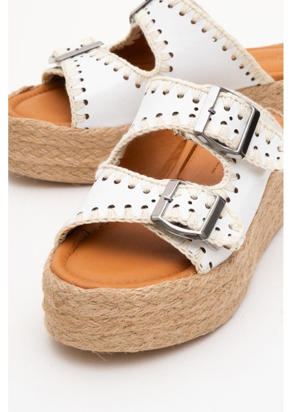 Kadın Hasır Kalın Taban Çift Bantlı Terlik Gerçek Deri Zy 8090 Beyaz modelleri