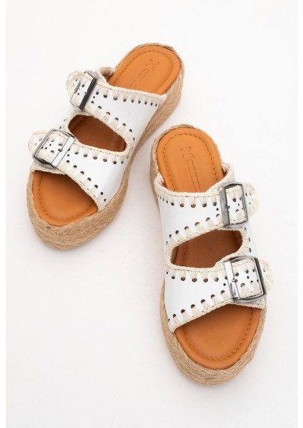 Kadın Hasır Kalın Taban Çift Bantlı Terlik Gerçek Deri Zy 8090 Beyaz indirimleri