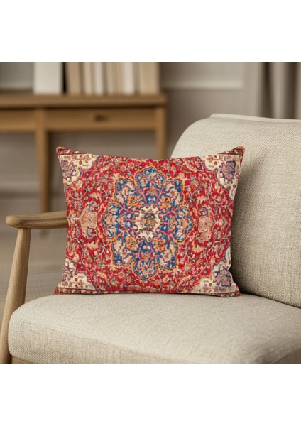 Kırmızı Mavi Vintage Halı Desenli, Çift Yüzlü Kırlent Kılıfı
