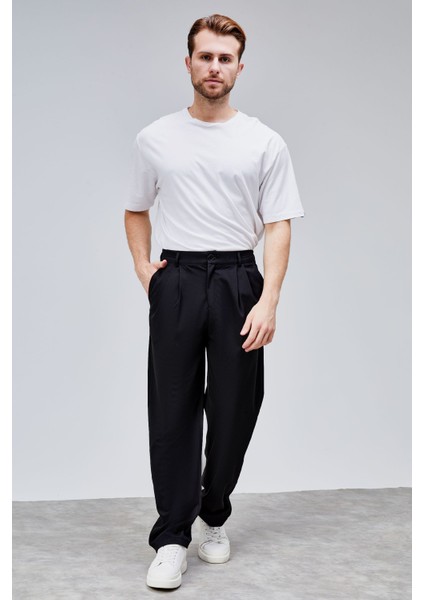 Erkek Siyah Çift Pileli Rahat Kesim Beli Lastikli Bol Paça Baggy Pantolon ALBERT-1988 indirimleri