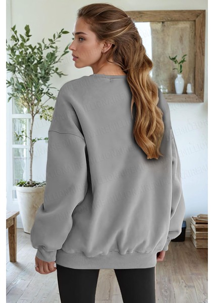 Kadın Koyu Gri Free Life Baskılı 0 Sıfır Yaka Oversize Salaş Bol Kesim Polar Sweatshirt modelleri