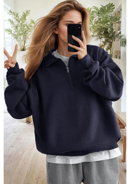Kadın Lacivert Yarım Fermuar Polo Yaka 3 Iplik Içi Polarlı Şardonlu Oversize Sweatshirt