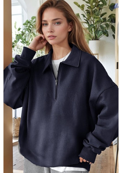 Kadın Lacivert Yarım Fermuar Polo Yaka 3 Iplik Içi Polarlı Şardonlu Oversize Sweatshirt fiyatları