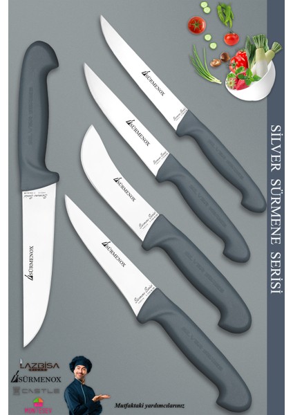 Sürmene Silver Serisi Gri Sap Mutfak Bıçak Seti Et Ekmek Sebze Doğrama Bıçağı 5 Li Set ( Srm-09 )