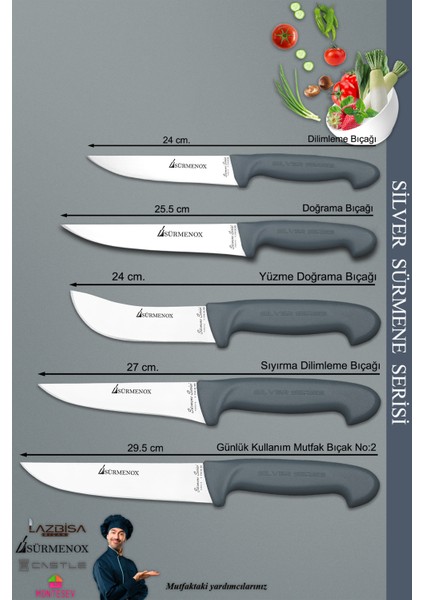 Sürmene Silver Serisi Gri Sap Mutfak Bıçak Seti Et Ekmek Sebze Doğrama Bıçağı 5 Li Set ( Srm-09 ) fiyatları