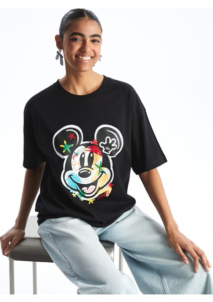 Yeni Sezon Bisiklet Yaka Mickey Mouse Baskili Kadin Tisort - S5GV17Z8