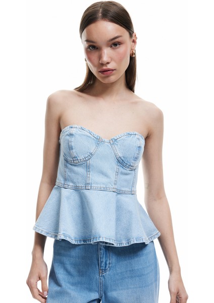 Yeni Sezon Kalp Yaka Volanlı Kolsuz Pamuklu Dar Kesim Denim Bluz