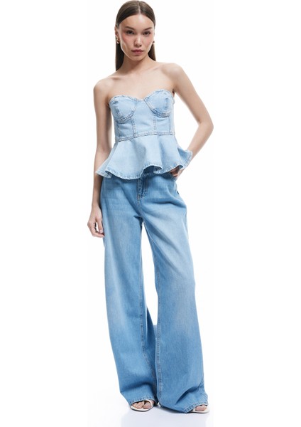 Yeni Sezon Kalp Yaka Volanlı Kolsuz Pamuklu Dar Kesim Denim Bluz fiyatları