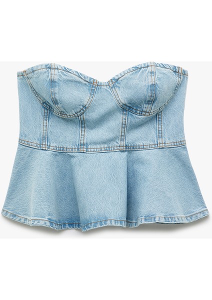 Yeni Sezon Kalp Yaka Volanlı Kolsuz Pamuklu Dar Kesim Denim Bluz modelleri