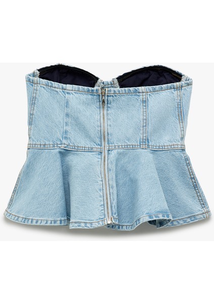 Yeni Sezon Kalp Yaka Volanlı Kolsuz Pamuklu Dar Kesim Denim Bluz fırsatları