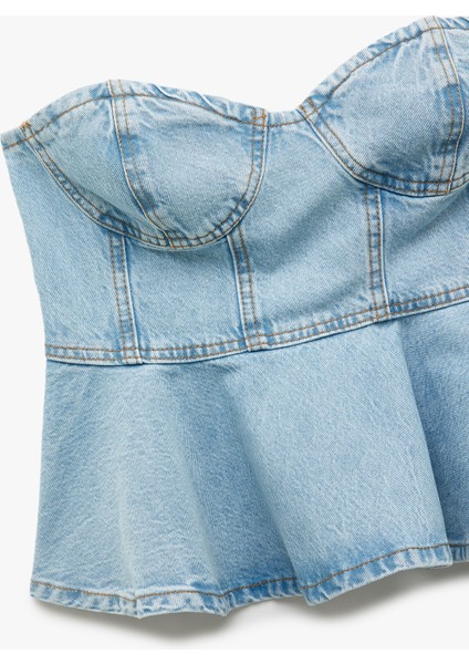 Yeni Sezon Kalp Yaka Volanlı Kolsuz Pamuklu Dar Kesim Denim Bluz indirimleri