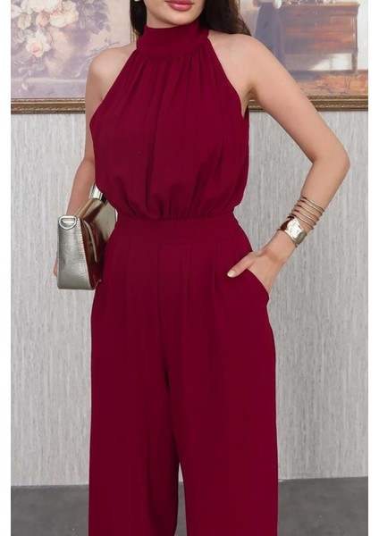 Kadın Bordo Halter Yaka Cepli Tulum NBMY3721