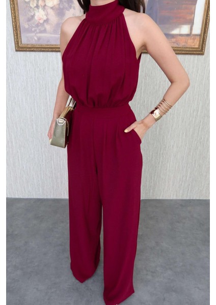 Kadın Bordo Halter Yaka Cepli Tulum NBMY3721 modelleri