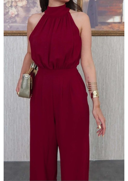 Kadın Bordo Halter Yaka Cepli Tulum NBMY3721 fırsatları