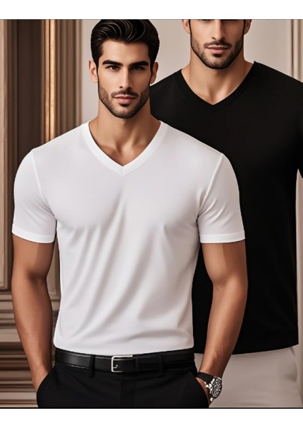 2li Siyah Beyaz Renk Erkek V Yaka T-Shirt Günlük Spor Tişört