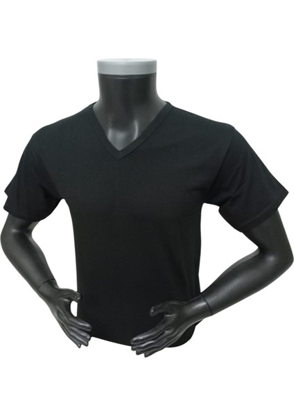 V Yaka Tişört 3'lü Ekonomik Paket Pamuklu Cotton Siyah Slim Fit Ekstra Esnek Unisex Vtc1-3